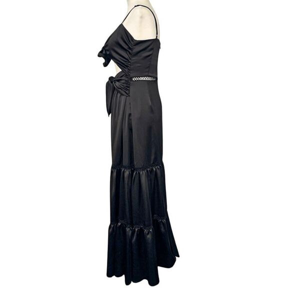 Jonathan Simkhai Black Tiered Cutout Spaghetti Strap Bow Tie Midi Dress Medium - Picture 7 of 10